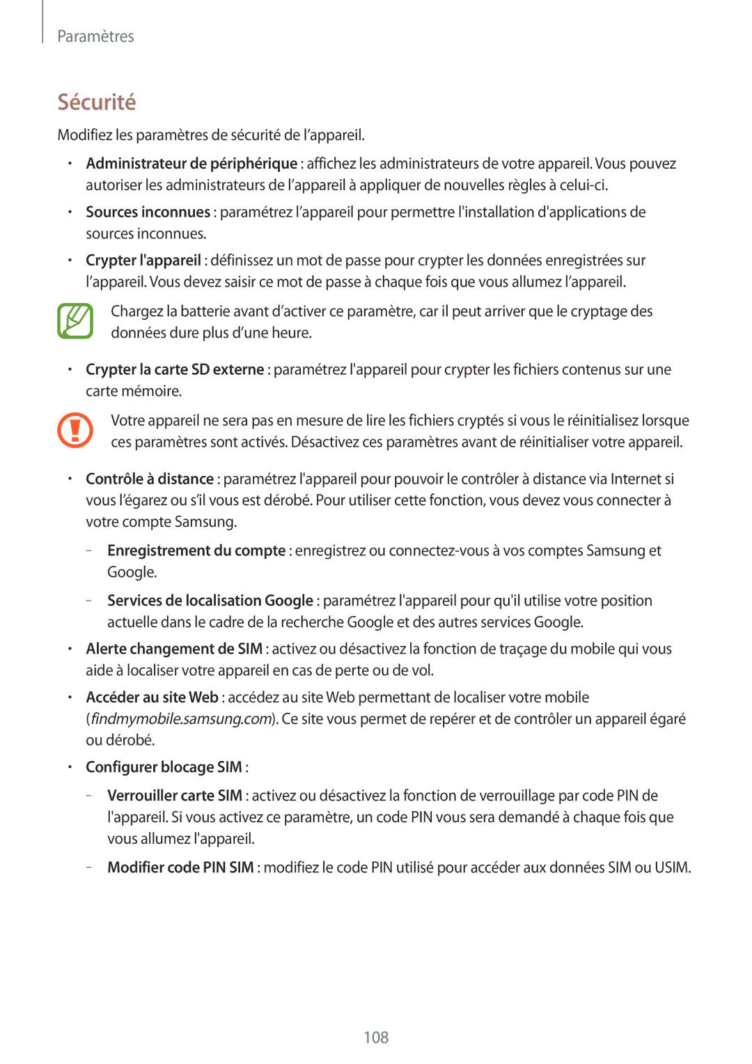 Samsung SM-T365NNGAFTM, SM-T365NNGAXEF manual Sécurité, Modifiez les paramètres de sécurité de l’appareil 