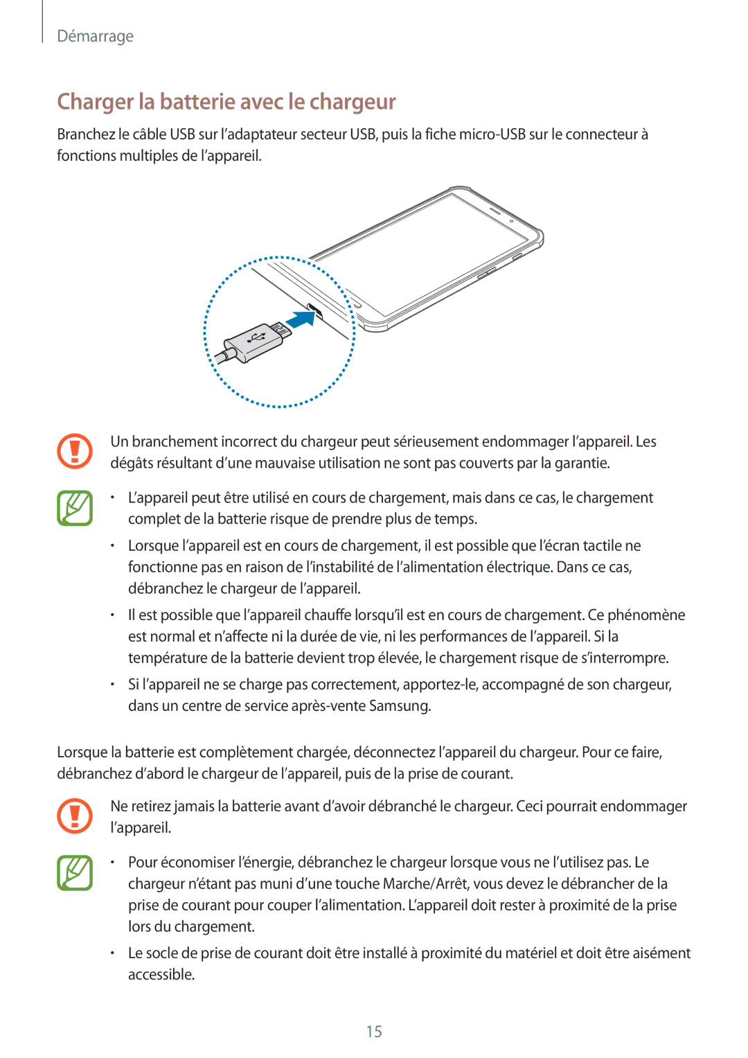 Samsung SM-T365NNGAXEF, SM-T365NNGAFTM manual Charger la batterie avec le chargeur 