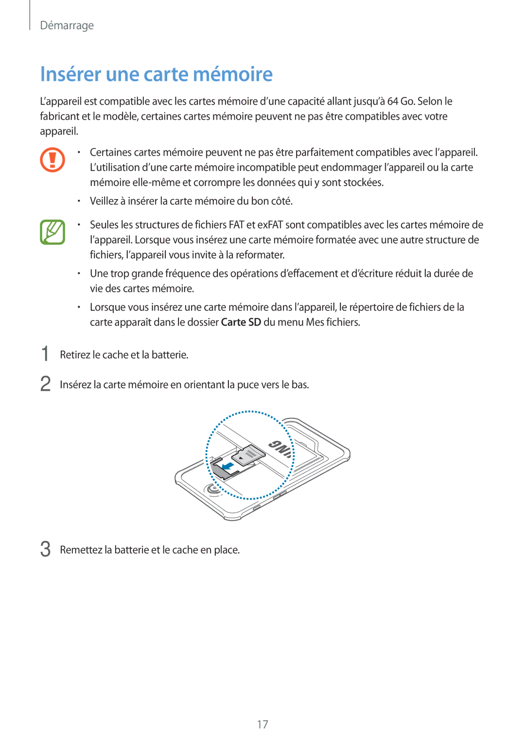 Samsung SM-T365NNGAXEF, SM-T365NNGAFTM manual Insérer une carte mémoire 