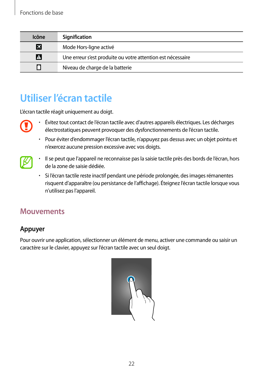 Samsung SM-T365NNGAFTM, SM-T365NNGAXEF manual Utiliser l’écran tactile, Mouvements, Appuyer 