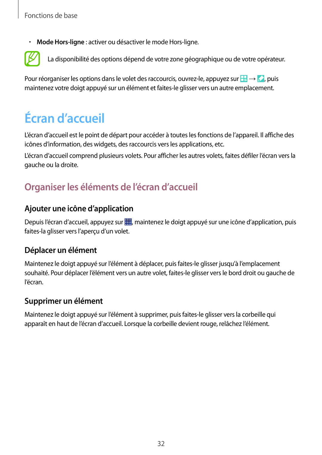 Samsung SM-T365NNGAFTM manual Écran d’accueil, Organiser les éléments de l’écran d’accueil, Ajouter une icône d’application 