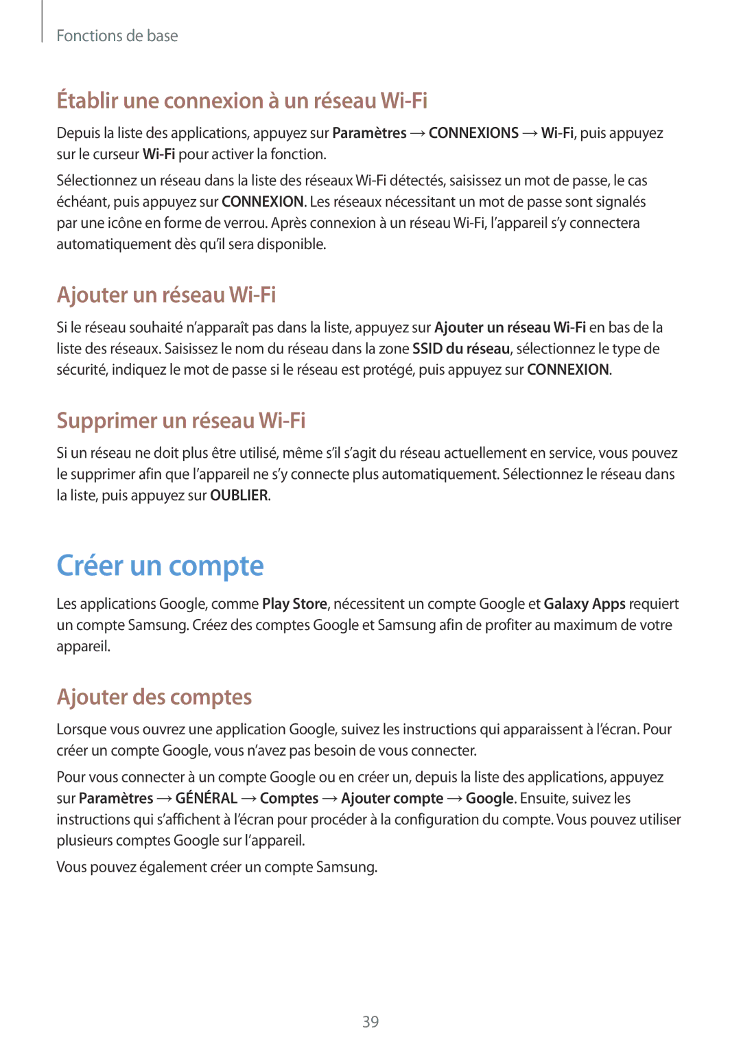 Samsung SM-T365NNGAXEF, SM-T365NNGAFTM Créer un compte, Établir une connexion à un réseau Wi-Fi, Ajouter un réseau Wi-Fi 