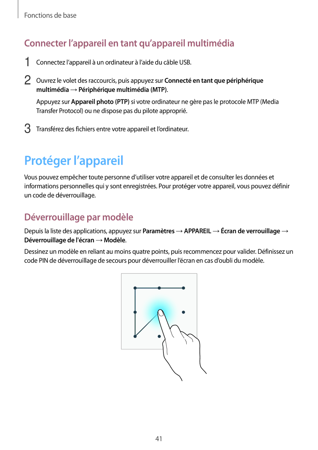 Samsung SM-T365NNGAXEF Protéger l’appareil, Connecter l’appareil en tant qu’appareil multimédia, Déverrouillage par modèle 