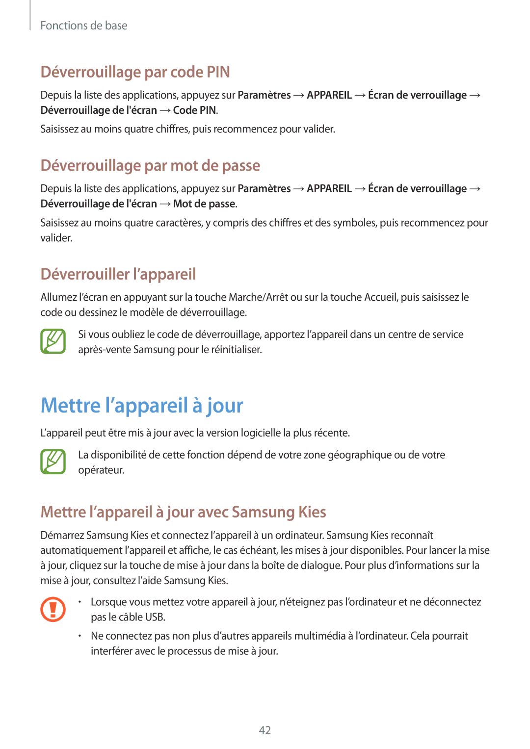 Samsung SM-T365NNGAFTM manual Mettre l’appareil à jour, Déverrouillage par code PIN, Déverrouillage par mot de passe 