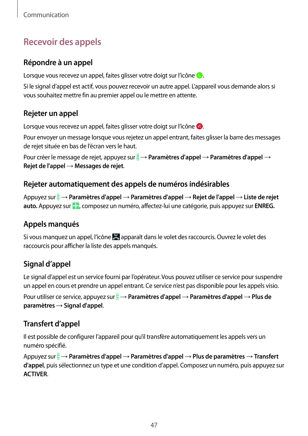 Samsung SM-T365NNGAXEF, SM-T365NNGAFTM manual Recevoir des appels 