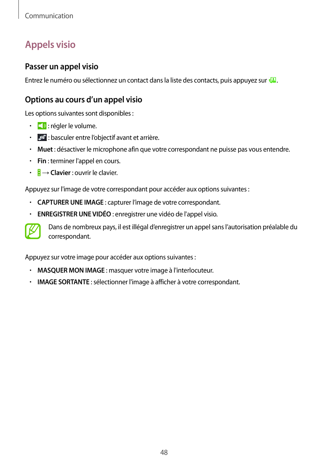 Samsung SM-T365NNGAFTM, SM-T365NNGAXEF manual Appels visio, Passer un appel visio, Options au cours d’un appel visio 