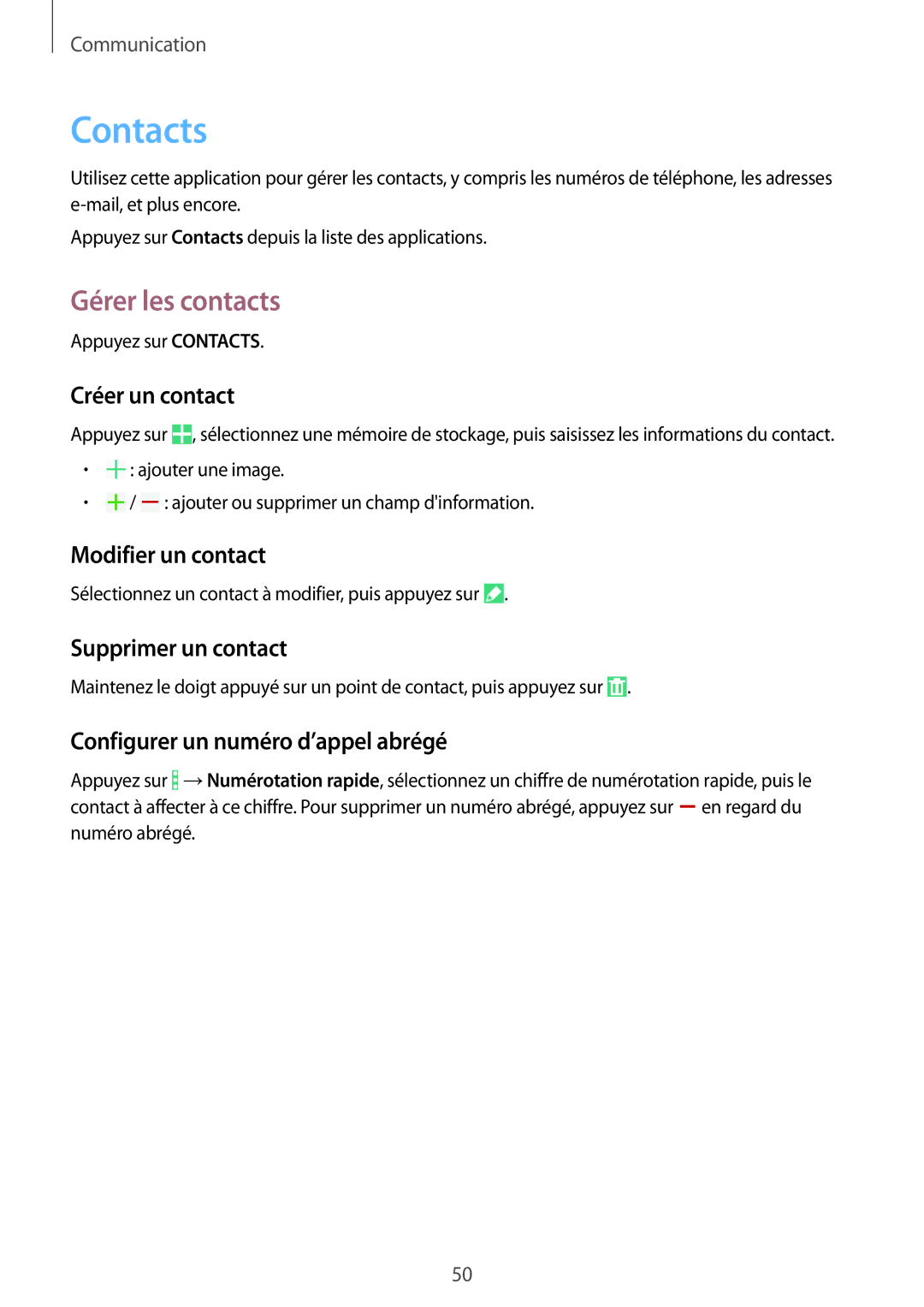 Samsung SM-T365NNGAFTM, SM-T365NNGAXEF manual Contacts, Gérer les contacts 