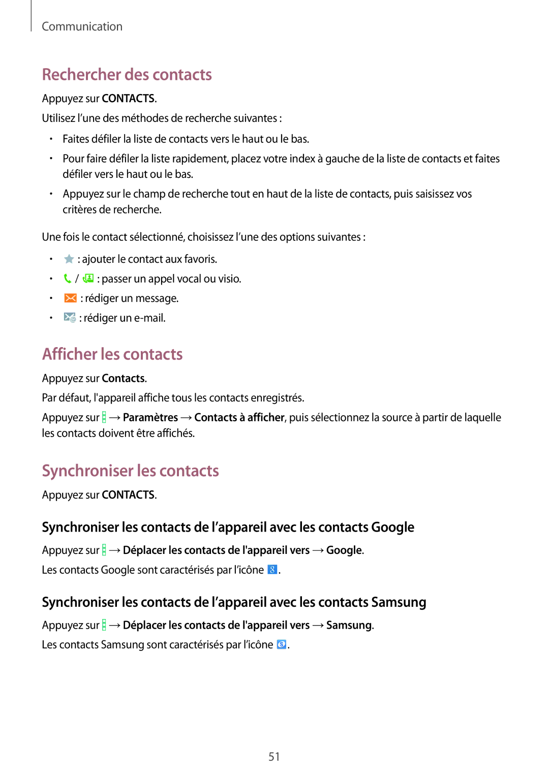 Samsung SM-T365NNGAXEF, SM-T365NNGAFTM manual Rechercher des contacts, Afficher les contacts, Synchroniser les contacts 