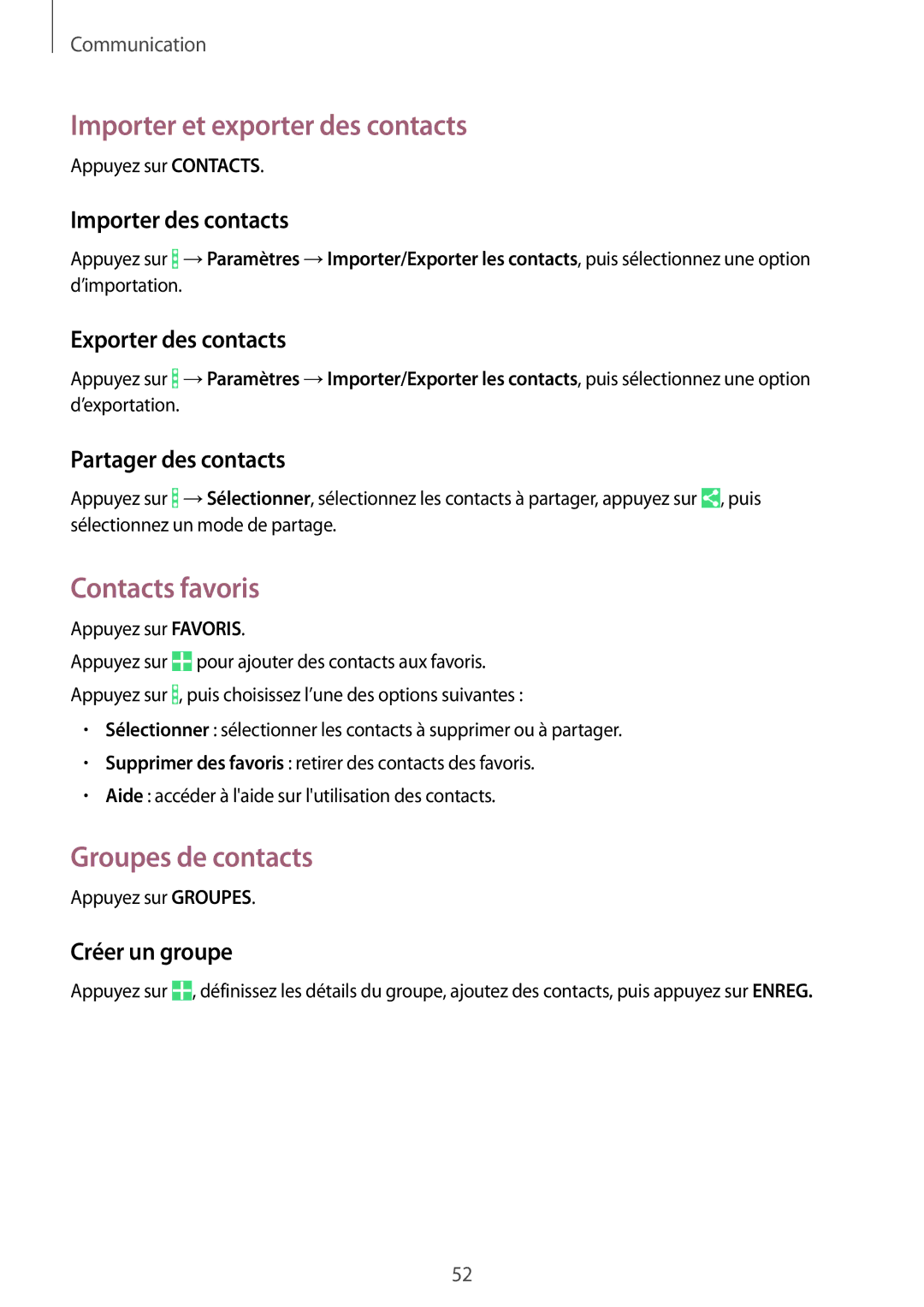 Samsung SM-T365NNGAFTM, SM-T365NNGAXEF manual Importer et exporter des contacts, Contacts favoris, Groupes de contacts 