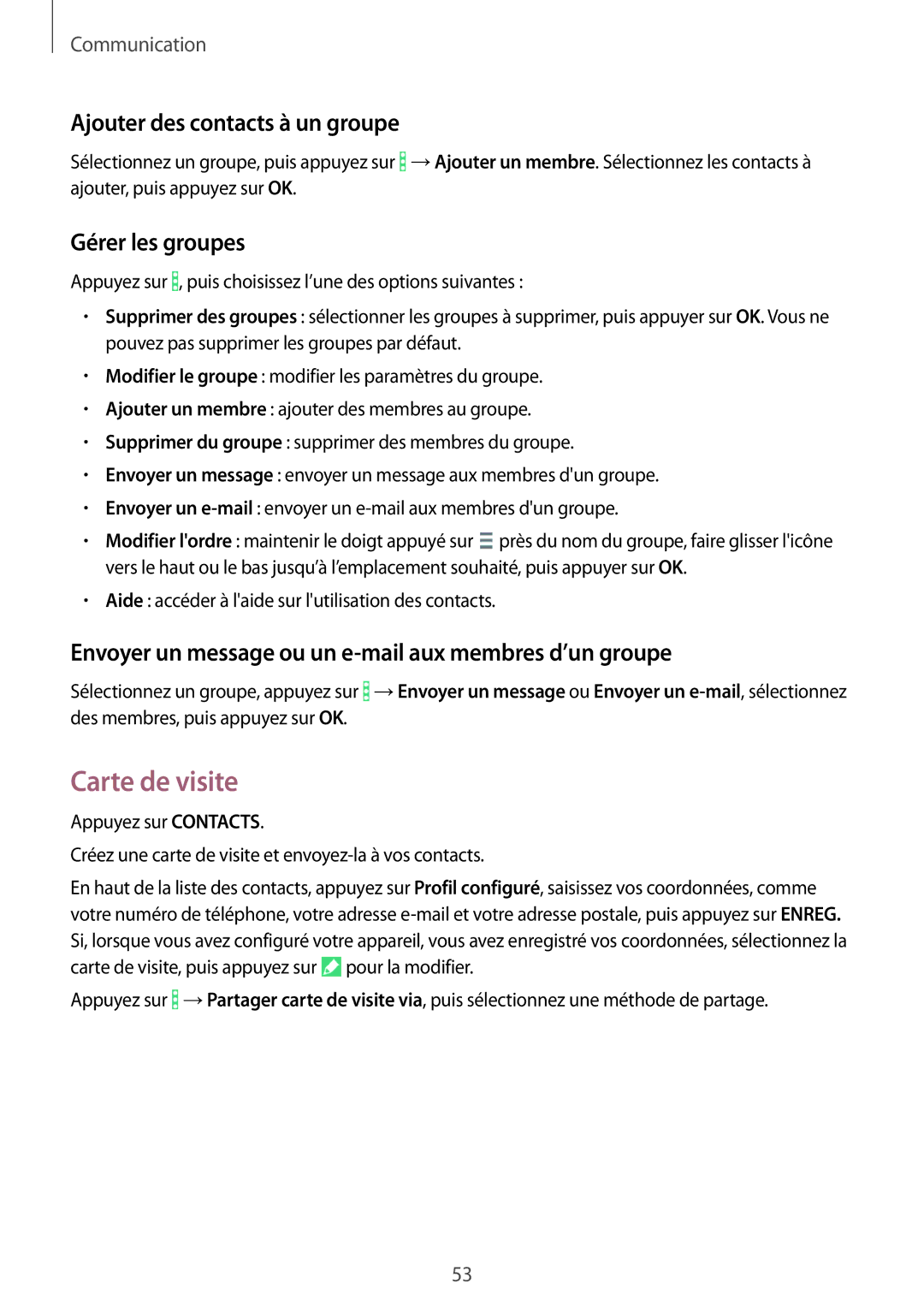 Samsung SM-T365NNGAXEF, SM-T365NNGAFTM manual Carte de visite, Ajouter des contacts à un groupe, Gérer les groupes 