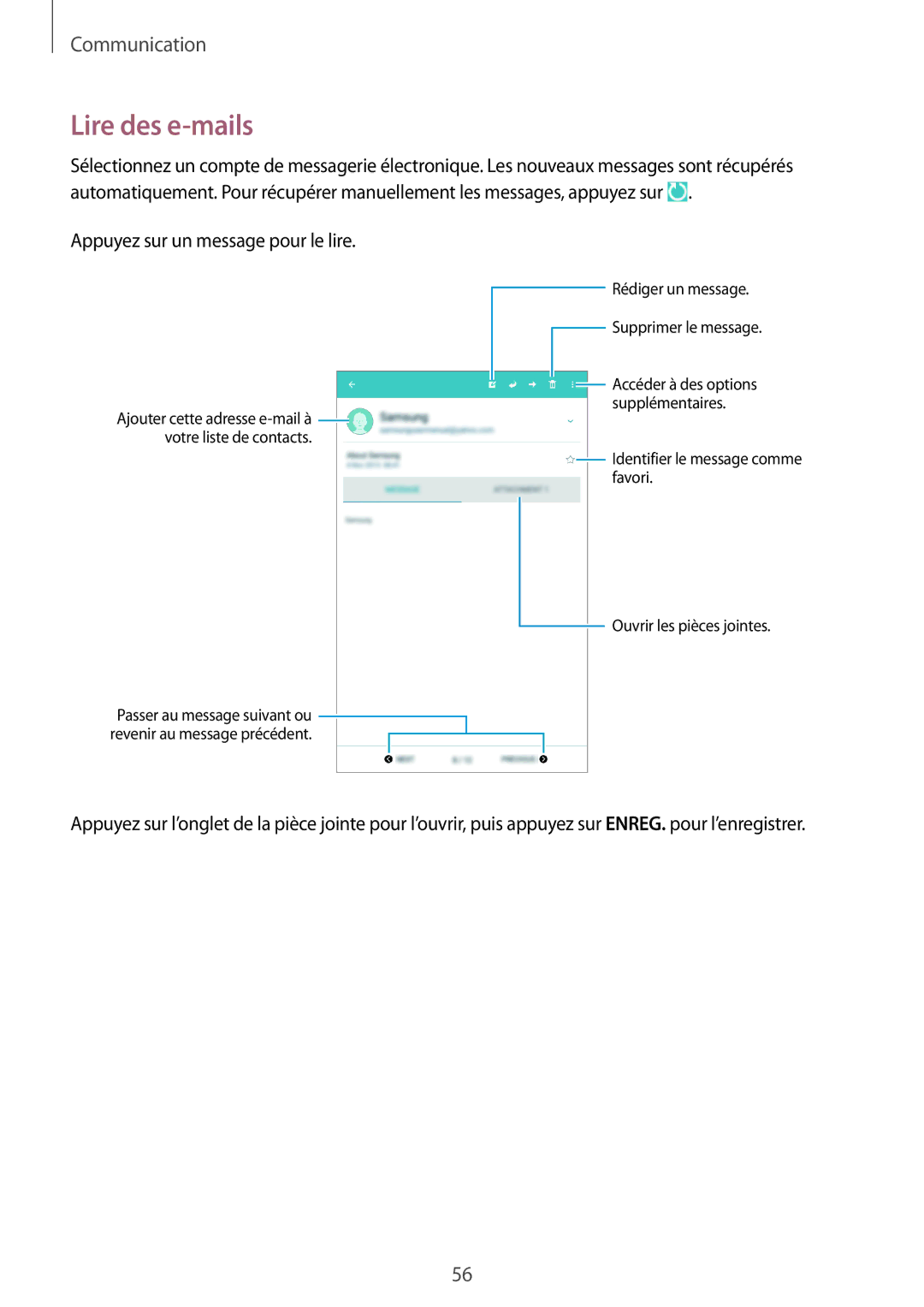 Samsung SM-T365NNGAFTM, SM-T365NNGAXEF manual Lire des e-mails, Appuyez sur un message pour le lire 