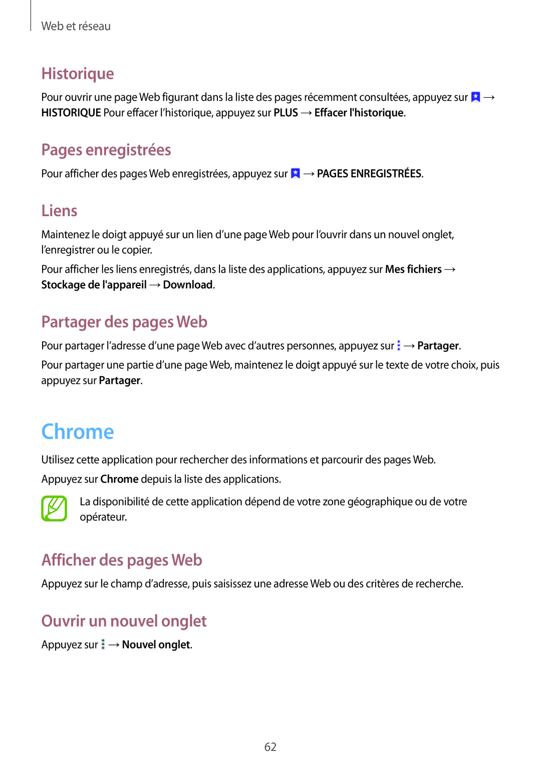 Samsung SM-T365NNGAFTM, SM-T365NNGAXEF manual Chrome, Historique, Pages enregistrées, Liens, Partager des pages Web 