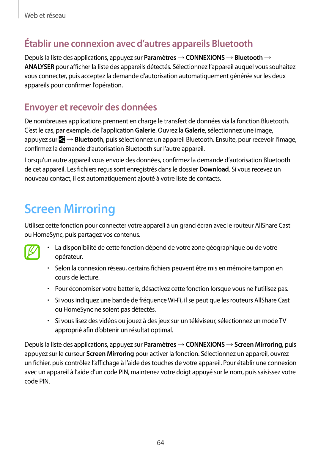 Samsung SM-T365NNGAFTM, SM-T365NNGAXEF manual Screen Mirroring, Établir une connexion avec d’autres appareils Bluetooth 