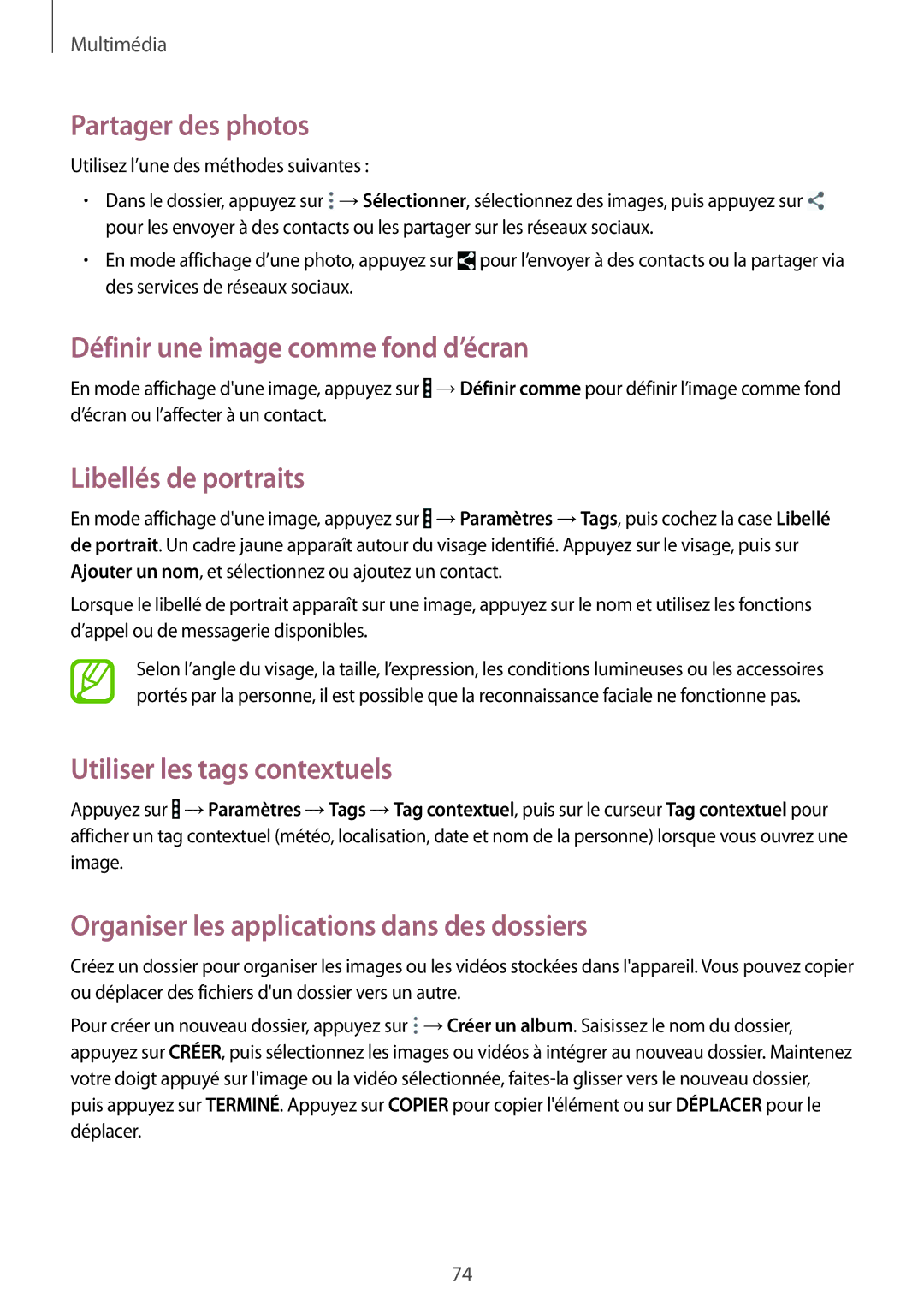 Samsung SM-T365NNGAFTM, SM-T365NNGAXEF Partager des photos, Définir une image comme fond d’écran, Libellés de portraits 