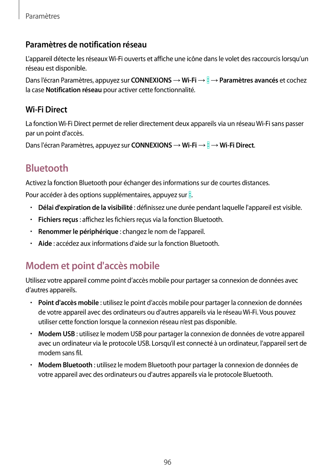 Samsung SM-T365NNGAFTM manual Bluetooth, Modem et point daccès mobile, Paramètres de notification réseau, Wi-Fi Direct 