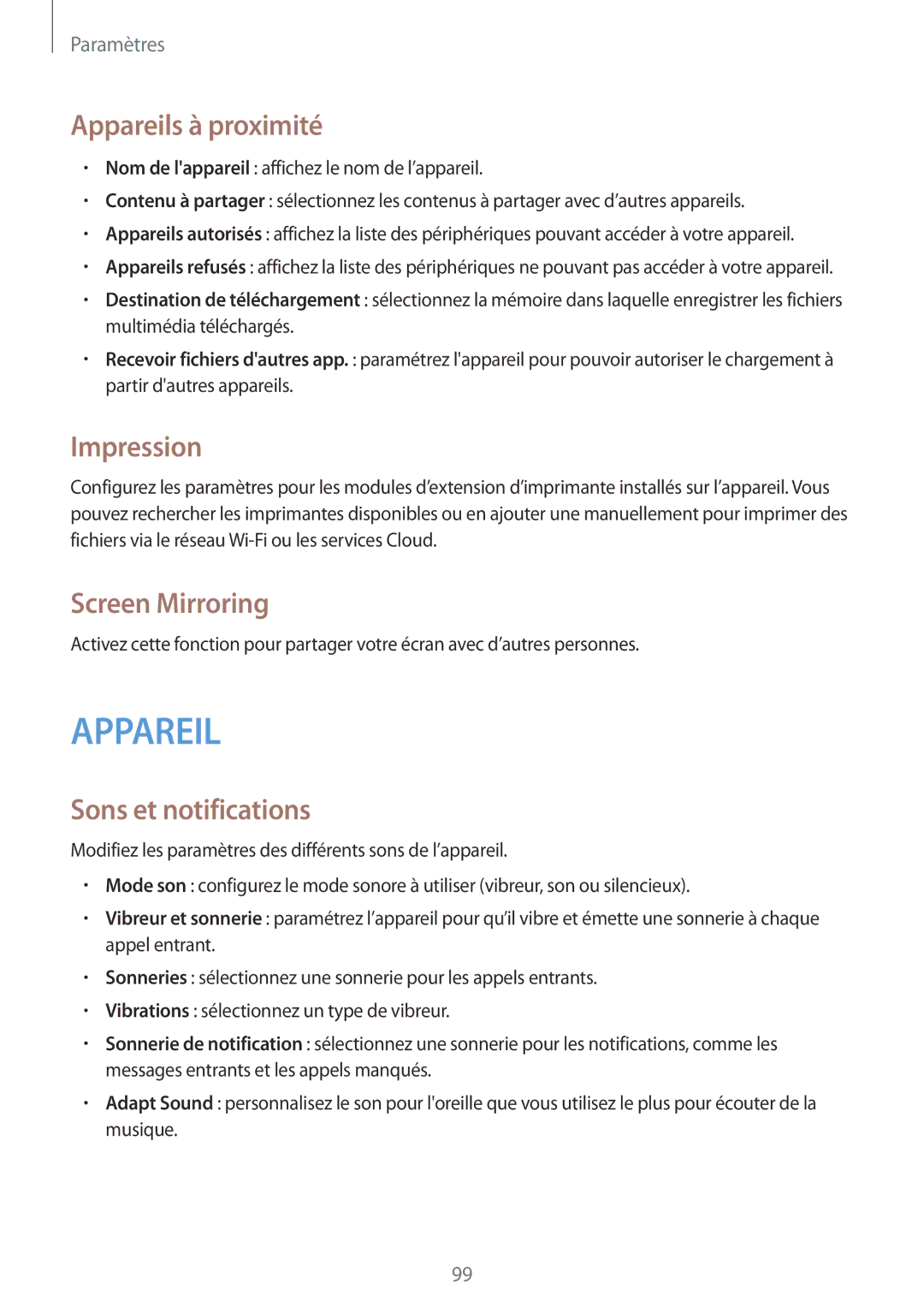 Samsung SM-T365NNGAXEF, SM-T365NNGAFTM manual Appareils à proximité, Impression, Screen Mirroring, Sons et notifications 