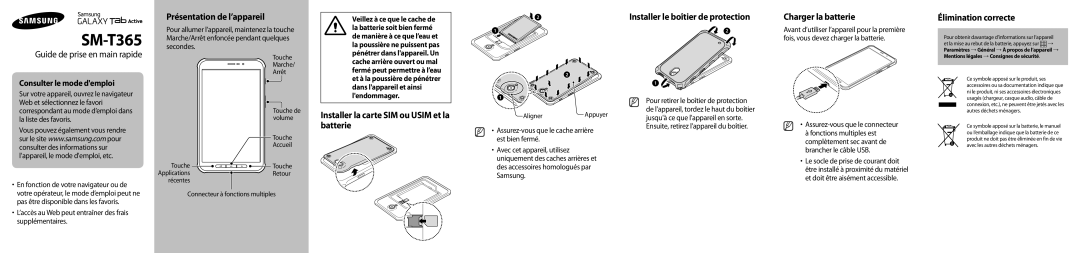 Samsung SM-T365NNGAXEF, SM-T365NNGAFTM manual Présentation de l’appareil, Installer la carte SIM ou Usim et la batterie 