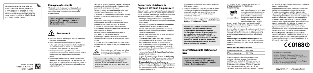 Samsung SM-T365NNGAFTM Consignes de sécurité, Informations sur la certification, Valeurs DAS maximales pour ce modèle 