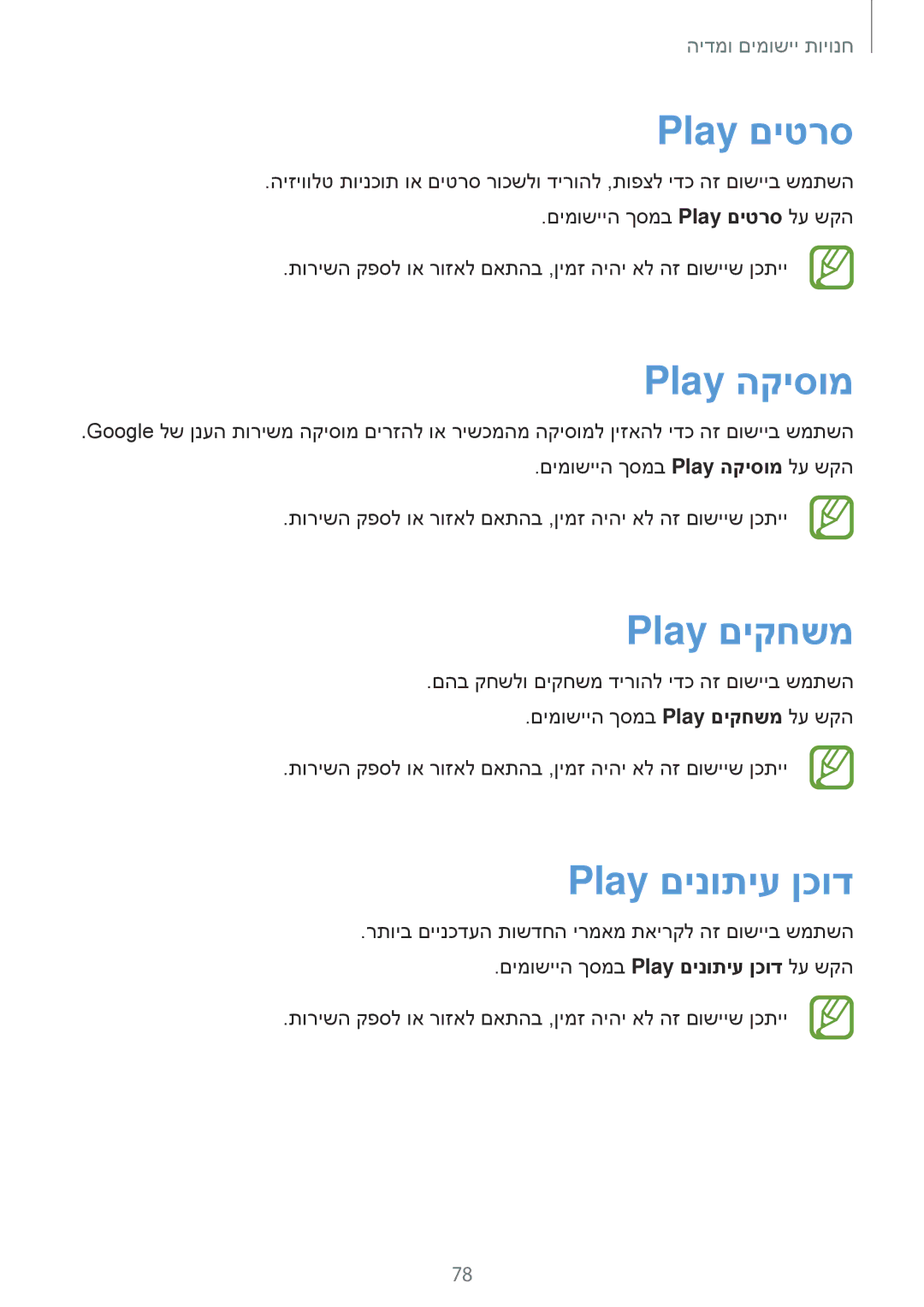 Samsung SM-T365NNGAILO manual Play םיטרס, Play הקיסומ, Play םיקחשמ, Play םינותיע ןכוד 