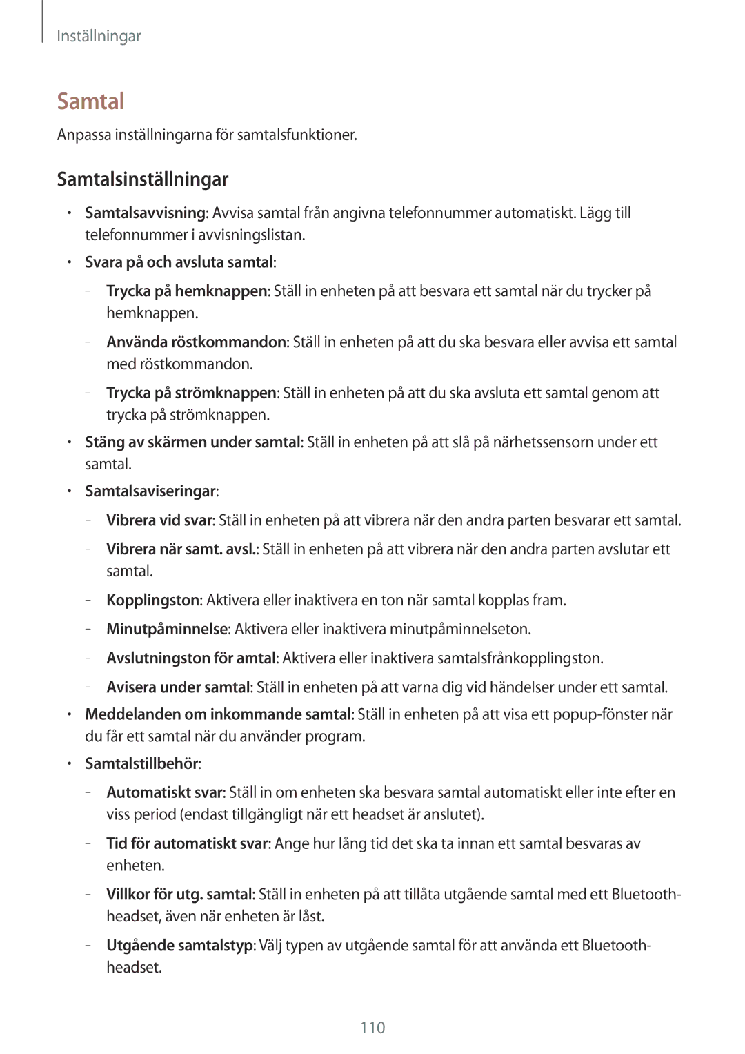 Samsung SM-T365NNGANEE manual Samtalsinställningar, Samtalsaviseringar, Samtalstillbehör 