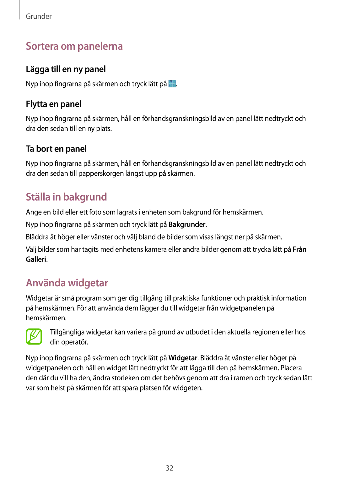 Samsung SM-T365NNGANEE manual Sortera om panelerna, Ställa in bakgrund, Använda widgetar 