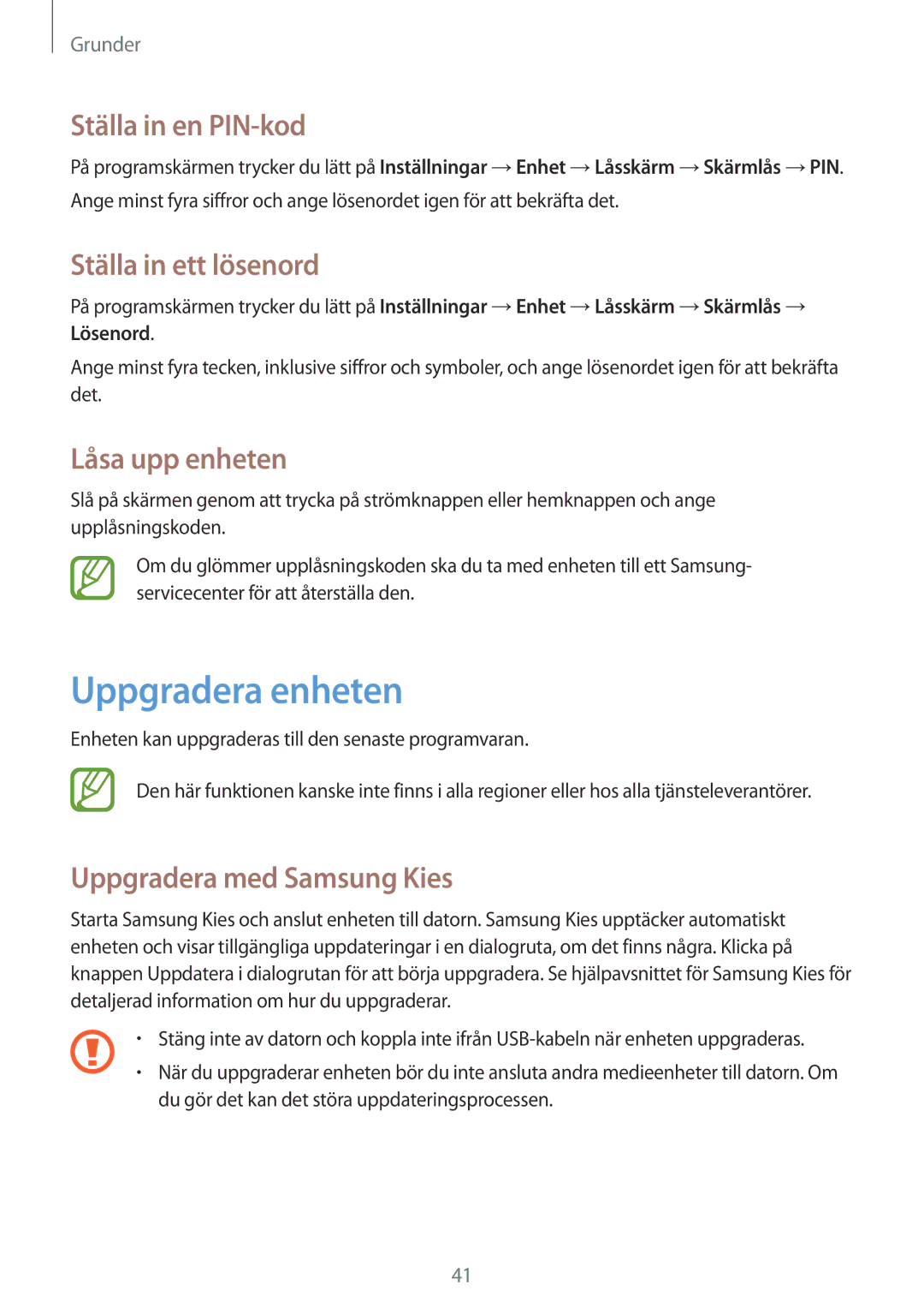 Samsung SM-T365NNGANEE manual Uppgradera enheten, Ställa in en PIN-kod, Ställa in ett lösenord, Låsa upp enheten 