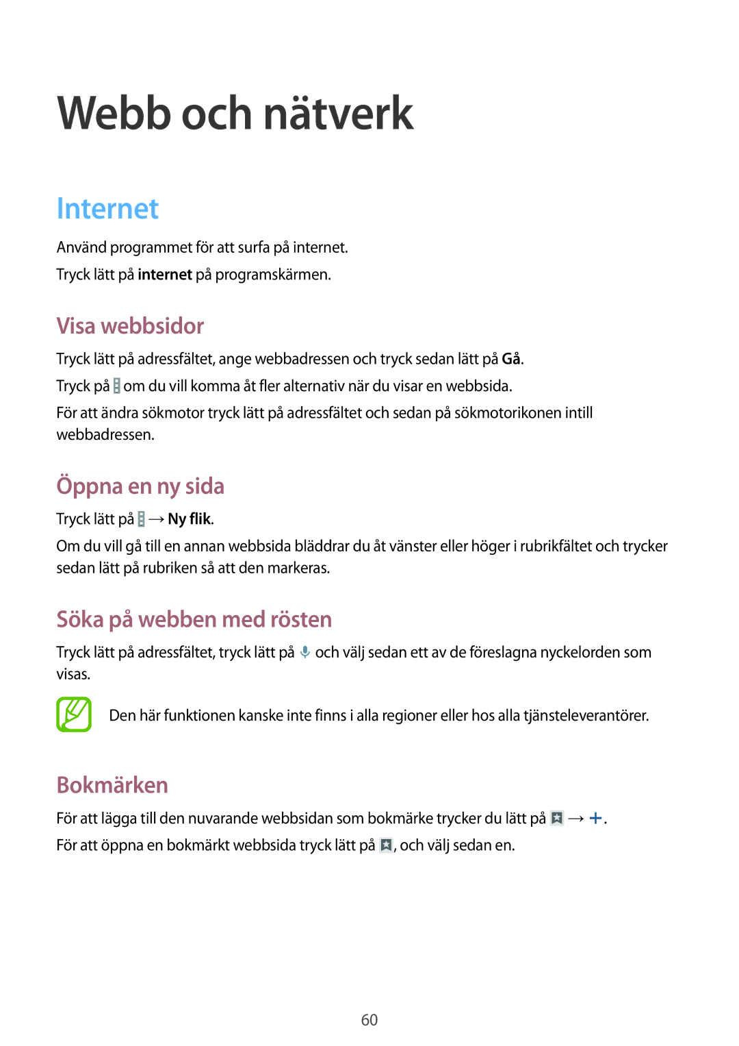 Samsung SM-T365NNGANEE manual Webb och nätverk, Internet 