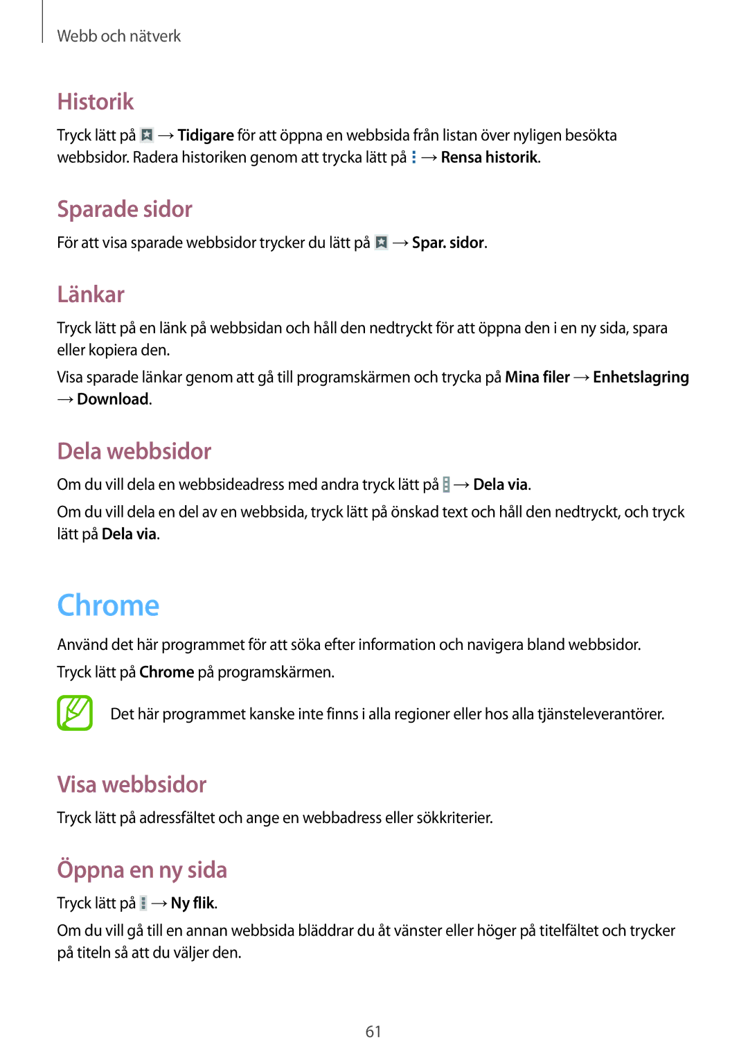 Samsung SM-T365NNGANEE manual Chrome, Historik, Sparade sidor, Länkar, Dela webbsidor 