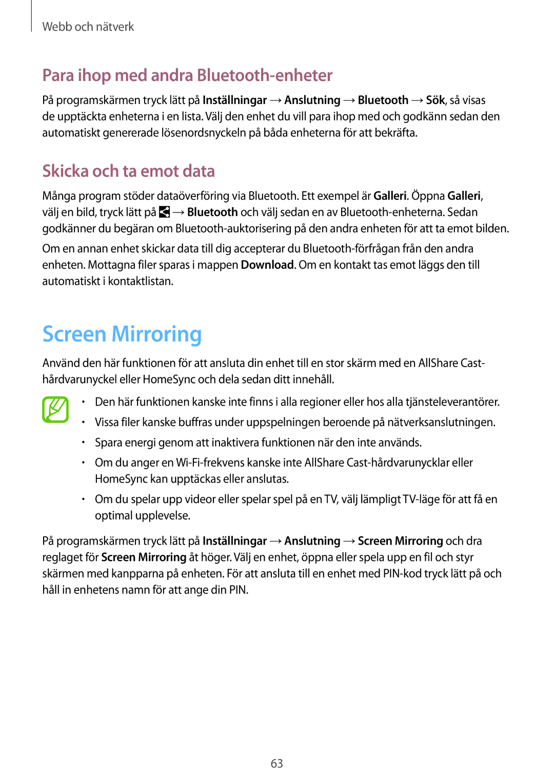 Samsung SM-T365NNGANEE manual Screen Mirroring, Para ihop med andra Bluetooth-enheter, Skicka och ta emot data 