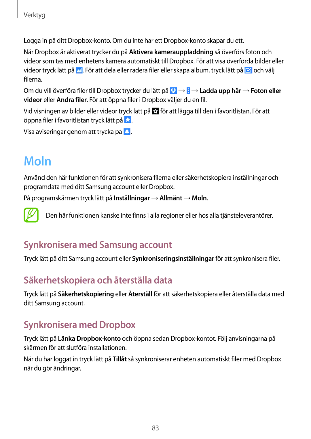 Samsung SM-T365NNGANEE manual Moln, Synkronisera med Samsung account, Säkerhetskopiera och återställa data 