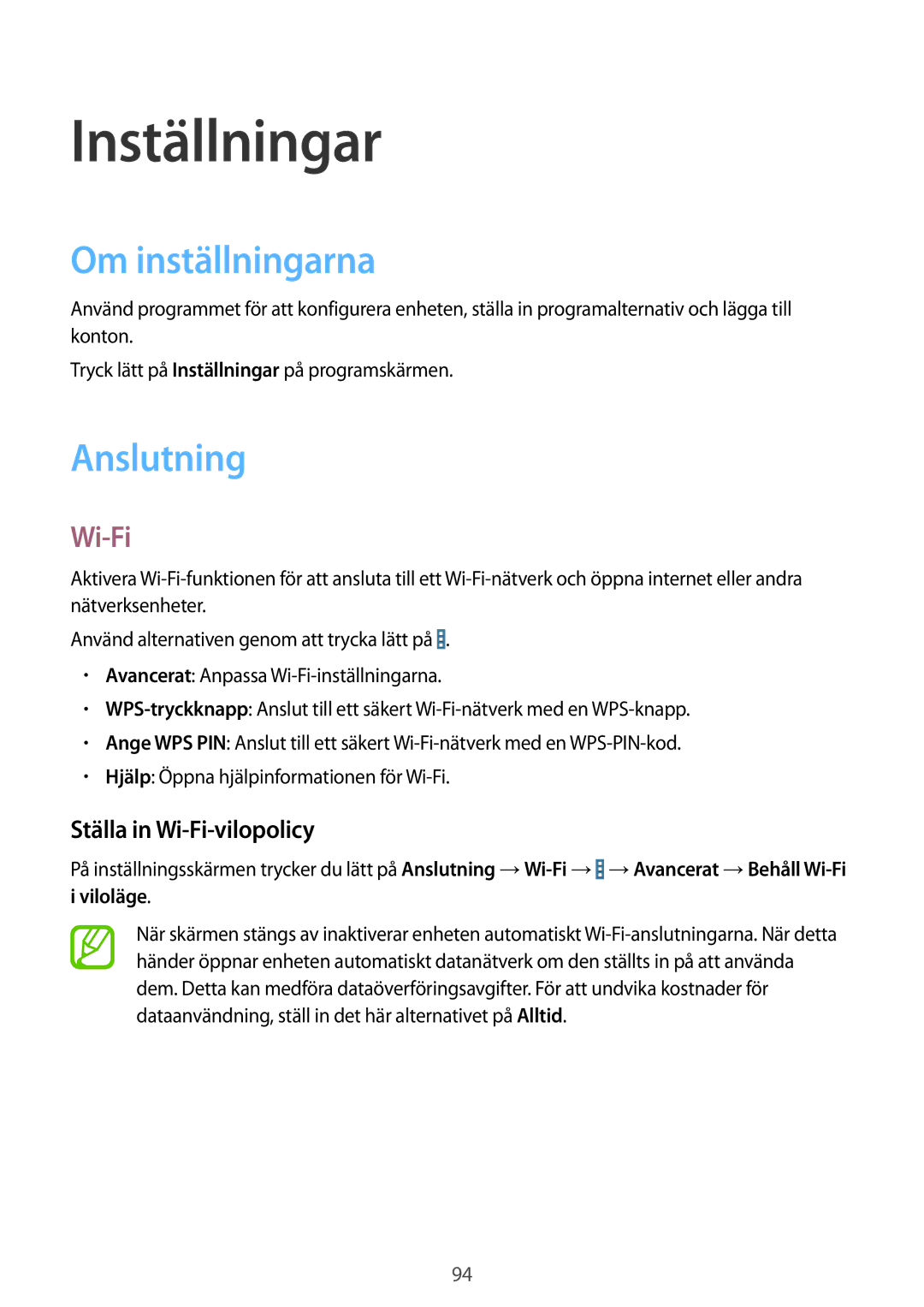 Samsung SM-T365NNGANEE manual Inställningar, Om inställningarna, Anslutning, Ställa in Wi-Fi-vilopolicy 