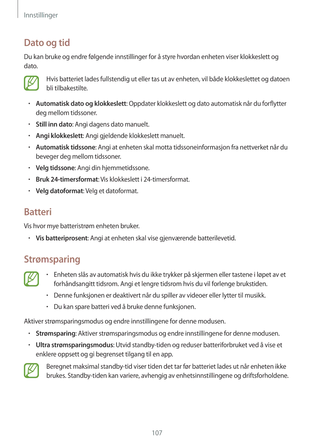 Samsung SM-T365NNGANEE manual Dato og tid, Batteri, Strømsparing 