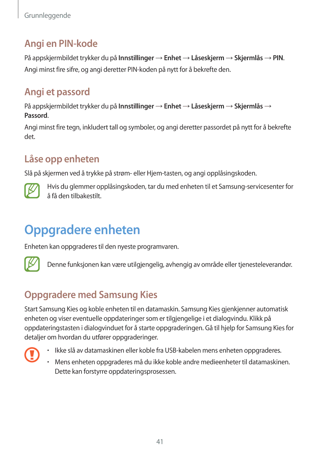 Samsung SM-T365NNGANEE manual Oppgradere enheten, Angi en PIN-kode, Angi et passord, Låse opp enheten 