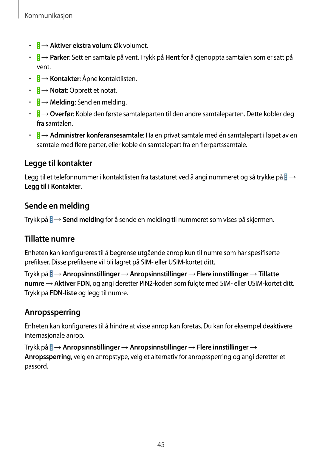 Samsung SM-T365NNGANEE manual Legge til kontakter, Sende en melding, Tillatte numre, Anropssperring 