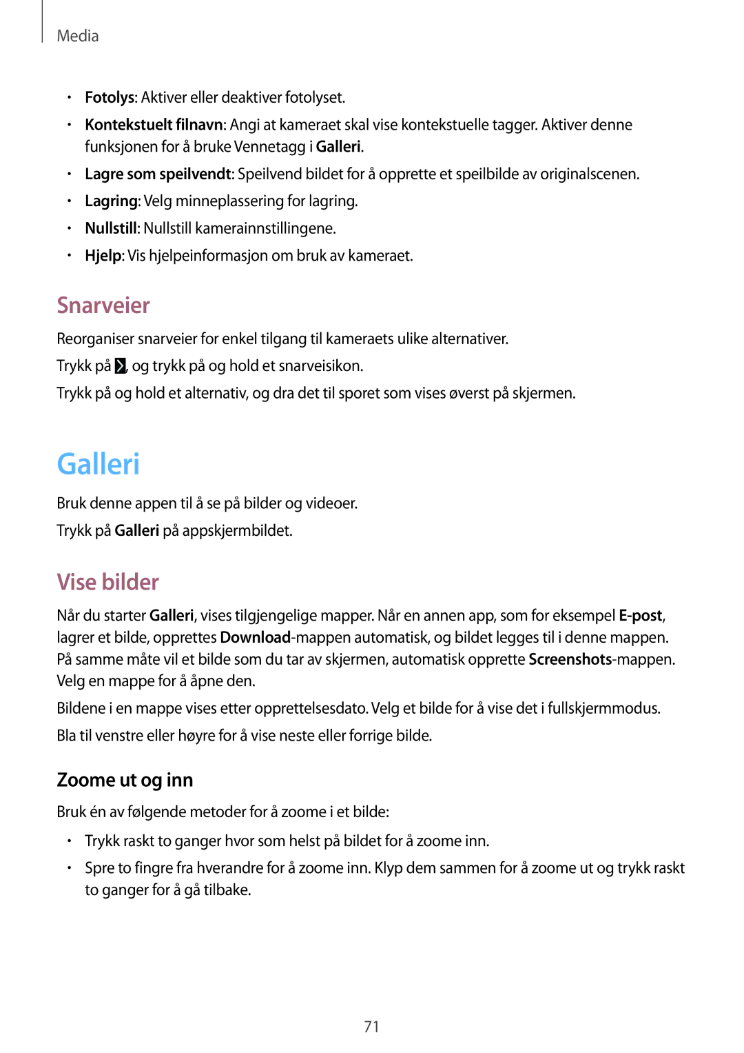 Samsung SM-T365NNGANEE manual Galleri, Snarveier, Vise bilder, Zoome ut og inn 
