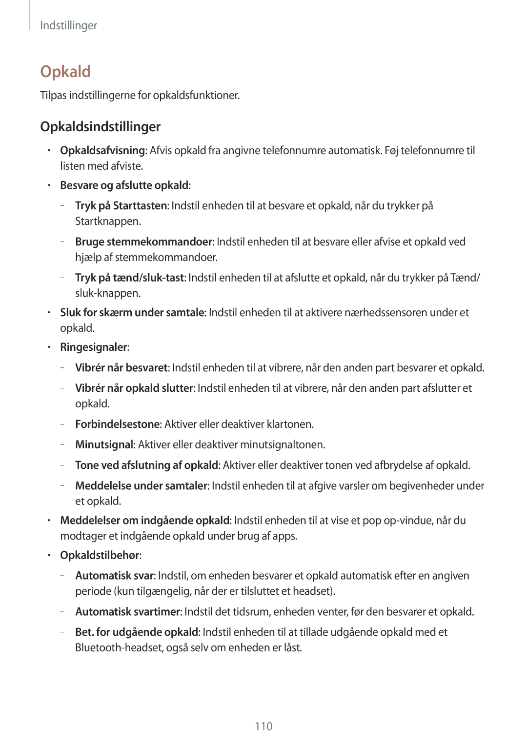 Samsung SM-T365NNGANEE manual Opkaldsindstillinger, Ringesignaler, Opkaldstilbehør 