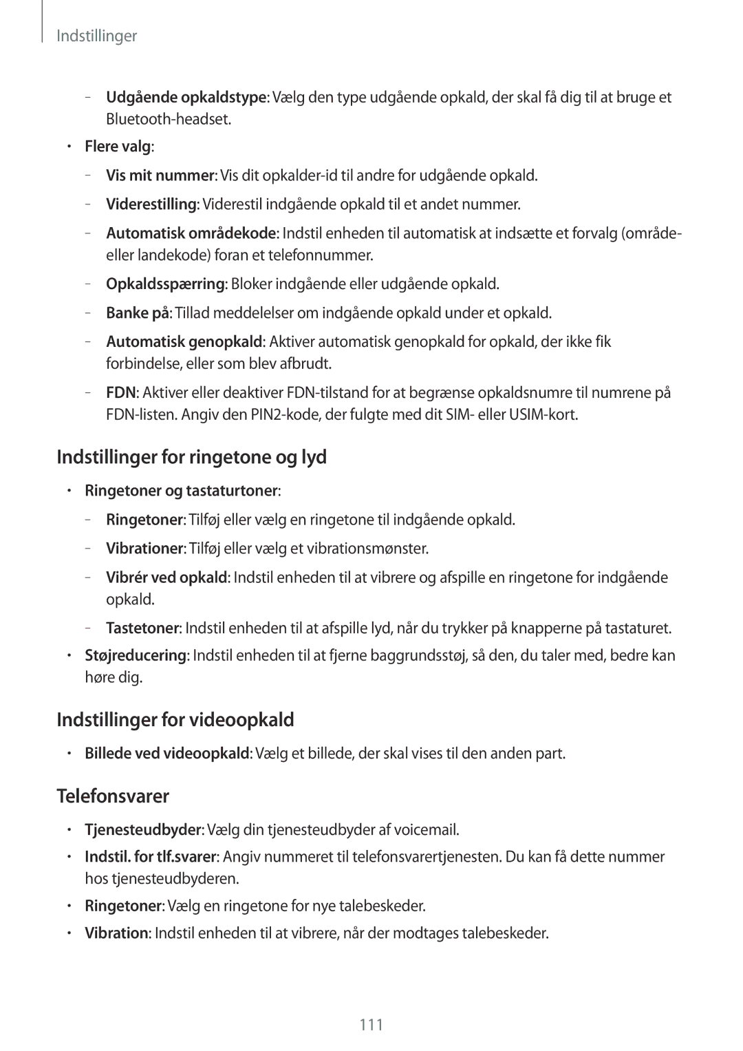 Samsung SM-T365NNGANEE manual Indstillinger for ringetone og lyd, Indstillinger for videoopkald, Telefonsvarer, Flere valg 