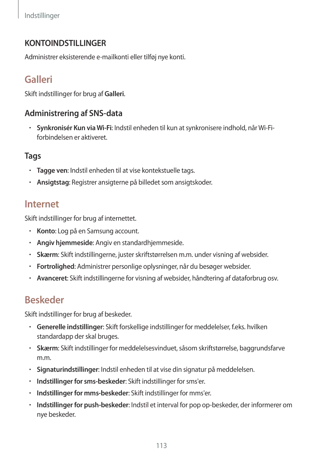 Samsung SM-T365NNGANEE manual Galleri, Internet, Beskeder, Administrering af SNS-data, Tags 