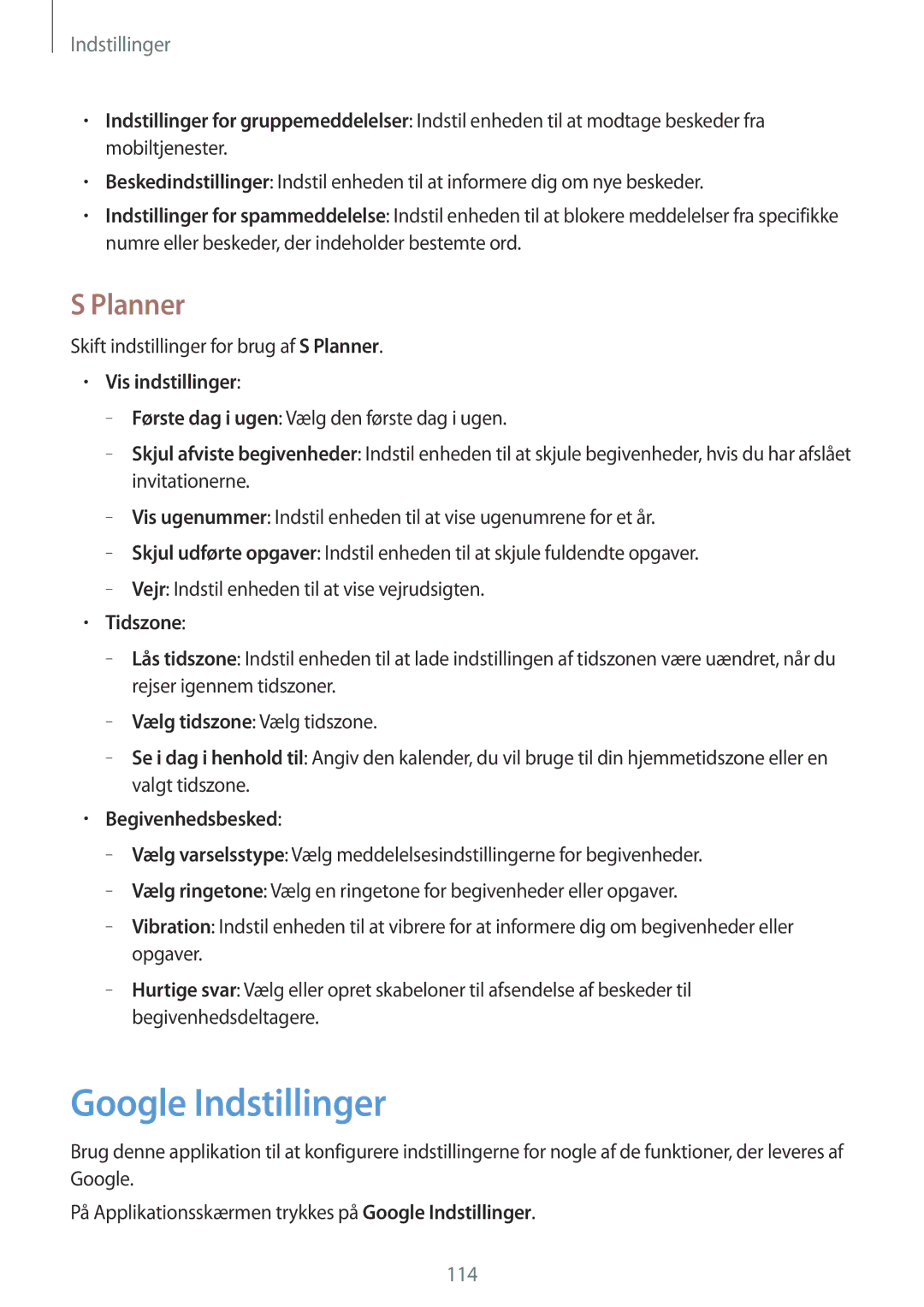 Samsung SM-T365NNGANEE manual Google Indstillinger, Planner, Vis indstillinger, Tidszone, Begivenhedsbesked 