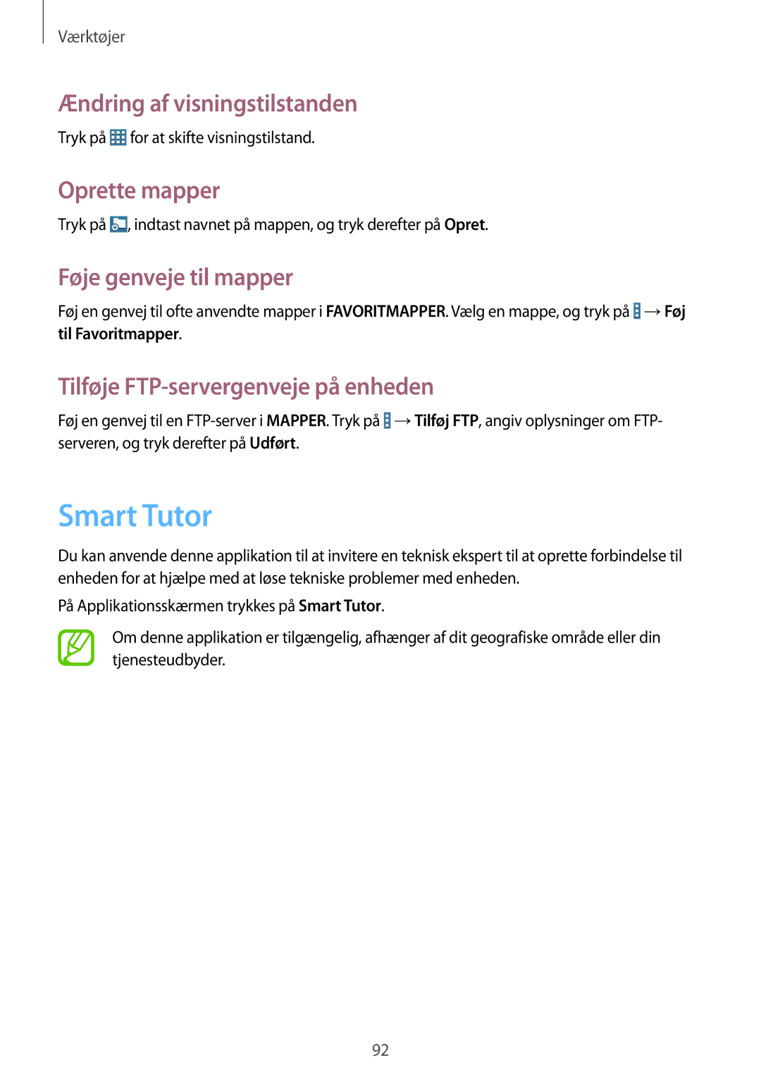 Samsung SM-T365NNGANEE manual Smart Tutor, Ændring af visningstilstanden, Oprette mapper, Føje genveje til mapper 