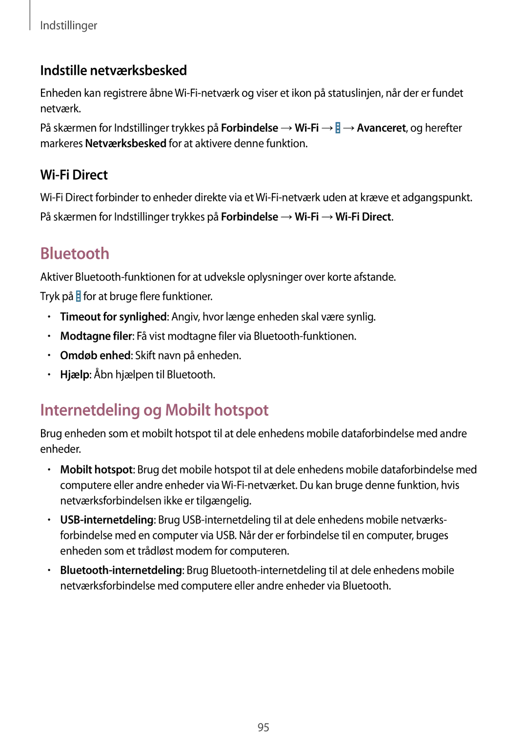 Samsung SM-T365NNGANEE manual Bluetooth, Internetdeling og Mobilt hotspot, Indstille netværksbesked, Wi-Fi Direct 