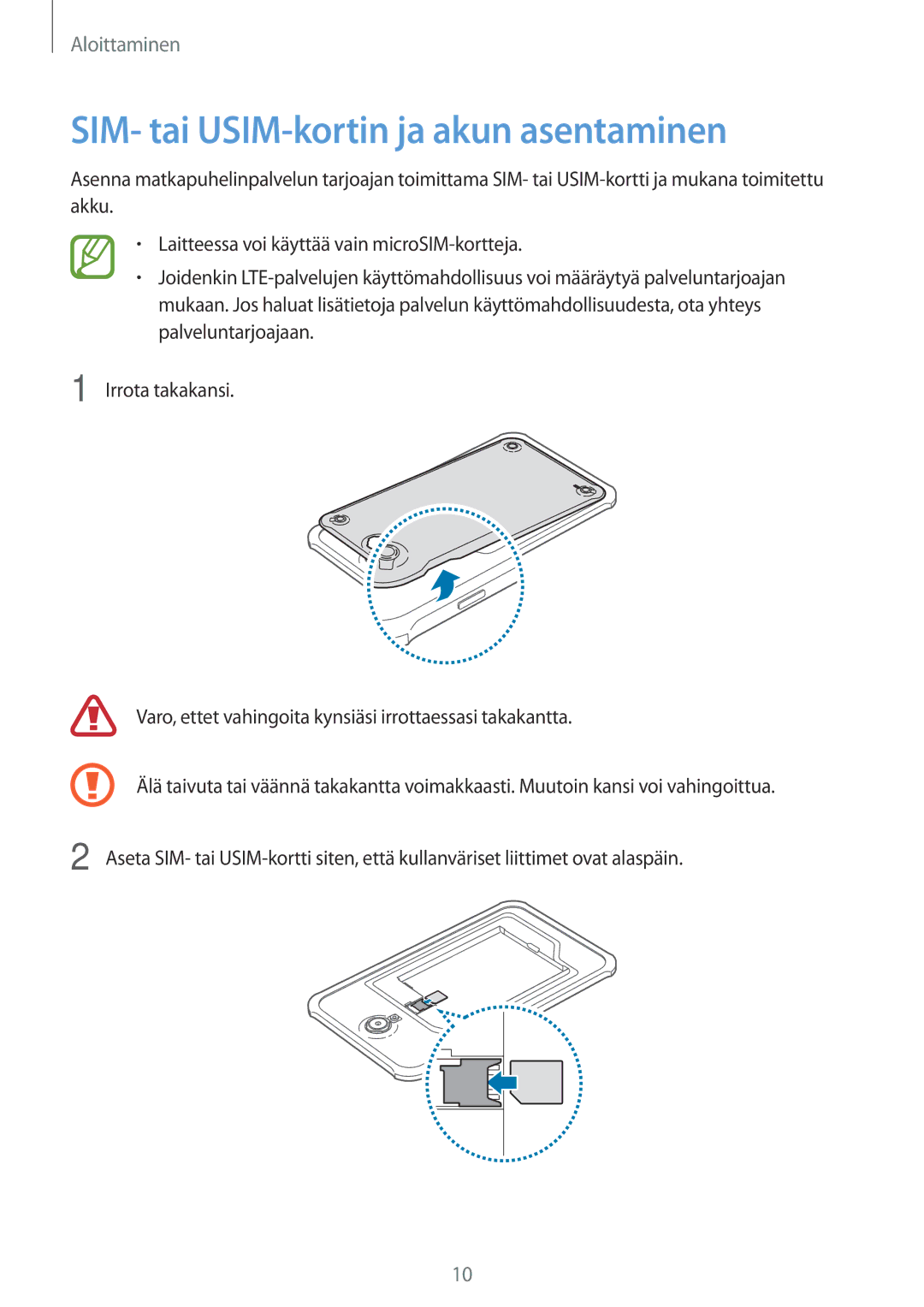 Samsung SM-T365NNGANEE manual SIM- tai USIM-kortin ja akun asentaminen 