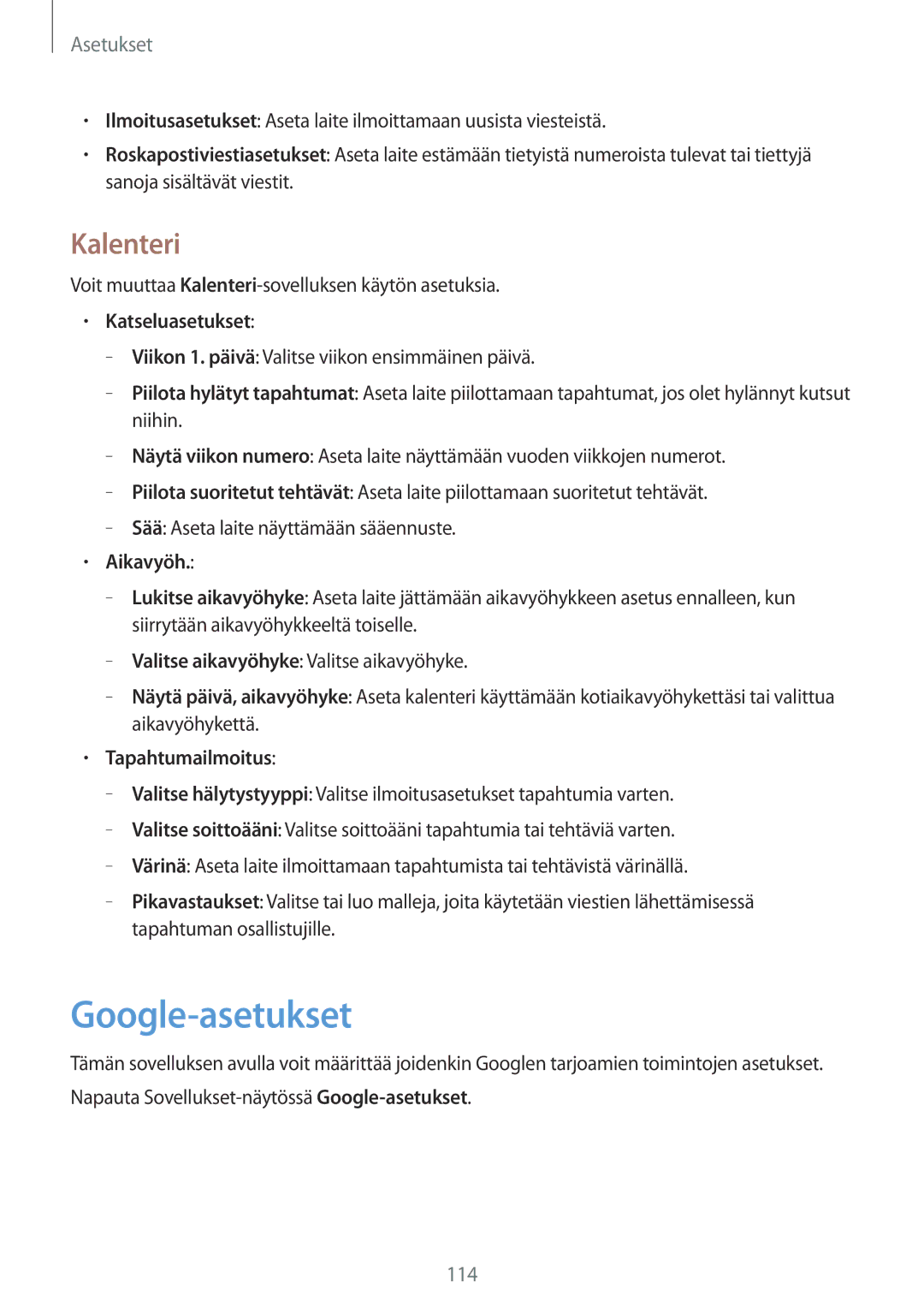 Samsung SM-T365NNGANEE manual Google-asetukset, Kalenteri, Katseluasetukset, Aikavyöh, Tapahtumailmoitus 