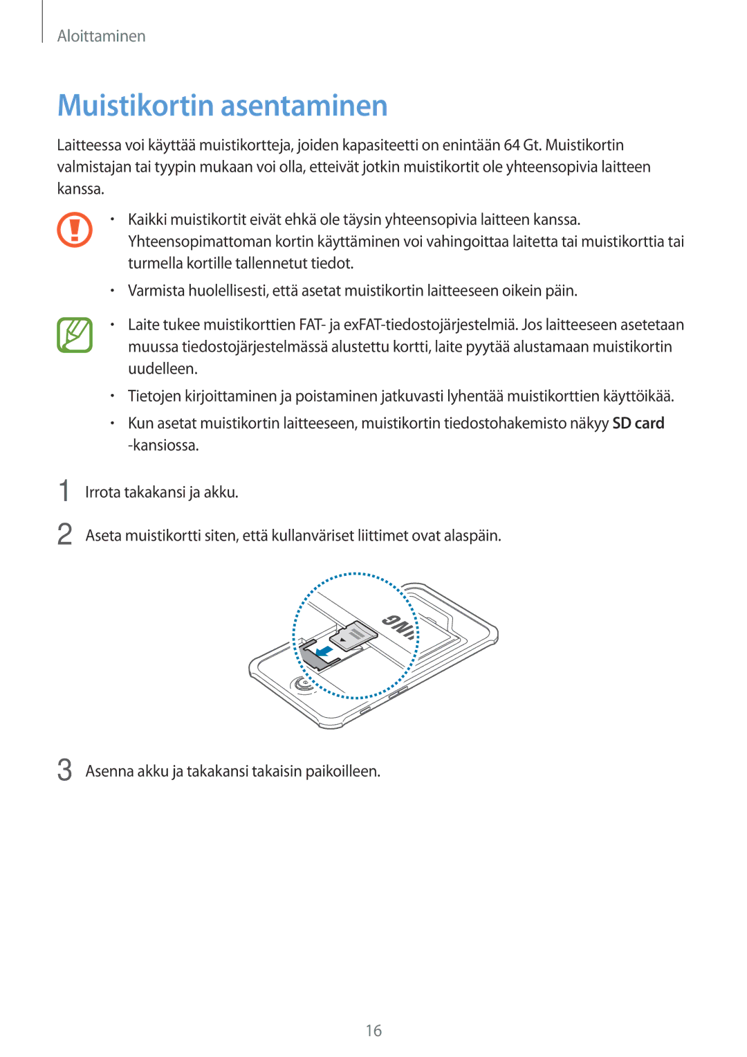 Samsung SM-T365NNGANEE manual Muistikortin asentaminen 