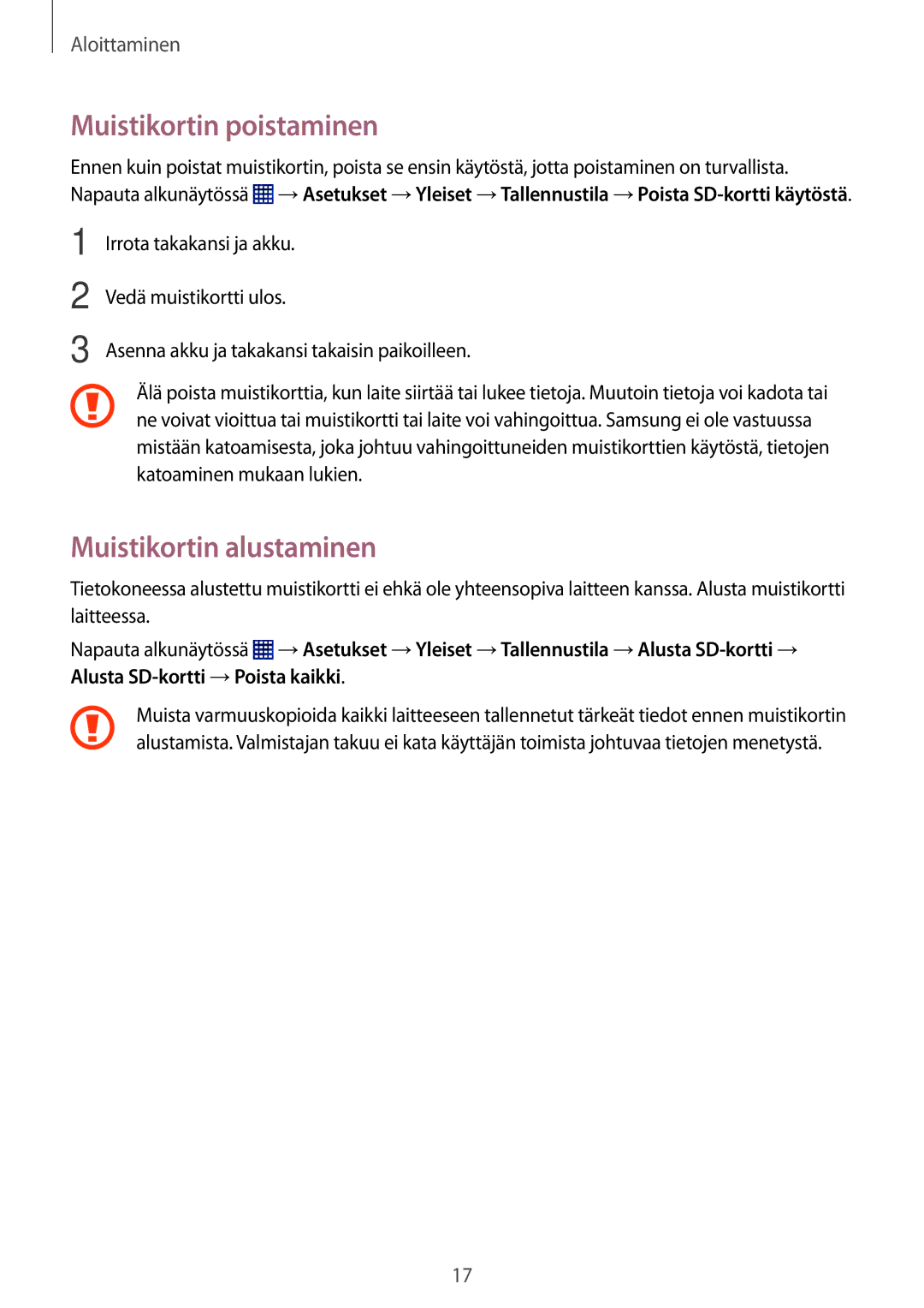 Samsung SM-T365NNGANEE manual Muistikortin poistaminen, Muistikortin alustaminen 