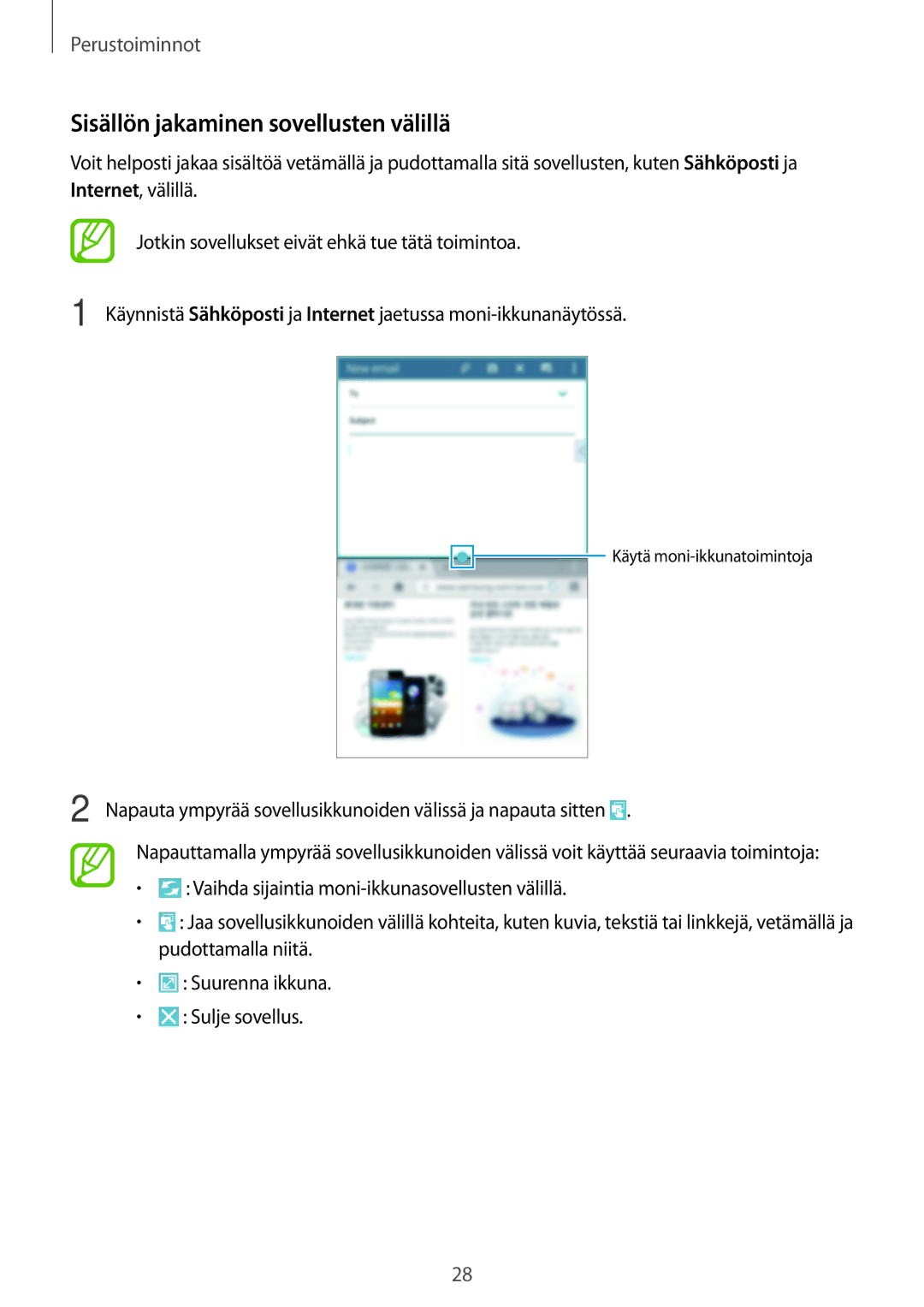 Samsung SM-T365NNGANEE manual Sisällön jakaminen sovellusten välillä 