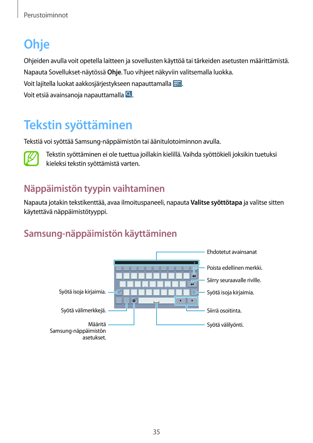 Samsung SM-T365NNGANEE manual Ohje, Tekstin syöttäminen, Näppäimistön tyypin vaihtaminen, Samsung-näppäimistön käyttäminen 