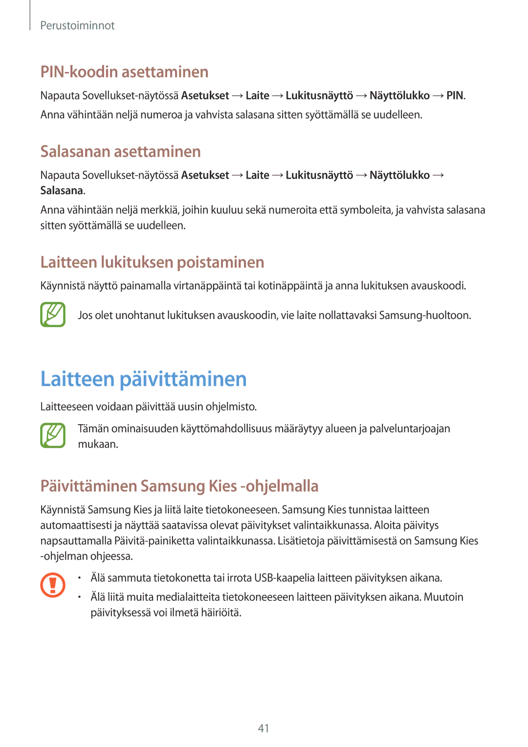 Samsung SM-T365NNGANEE manual Laitteen päivittäminen, PIN-koodin asettaminen, Salasanan asettaminen 