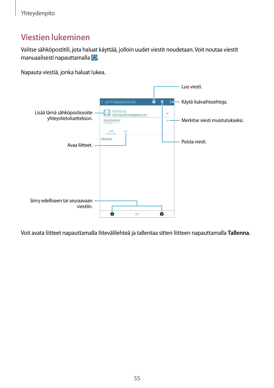 Samsung SM-T365NNGANEE manual Viestien lukeminen 