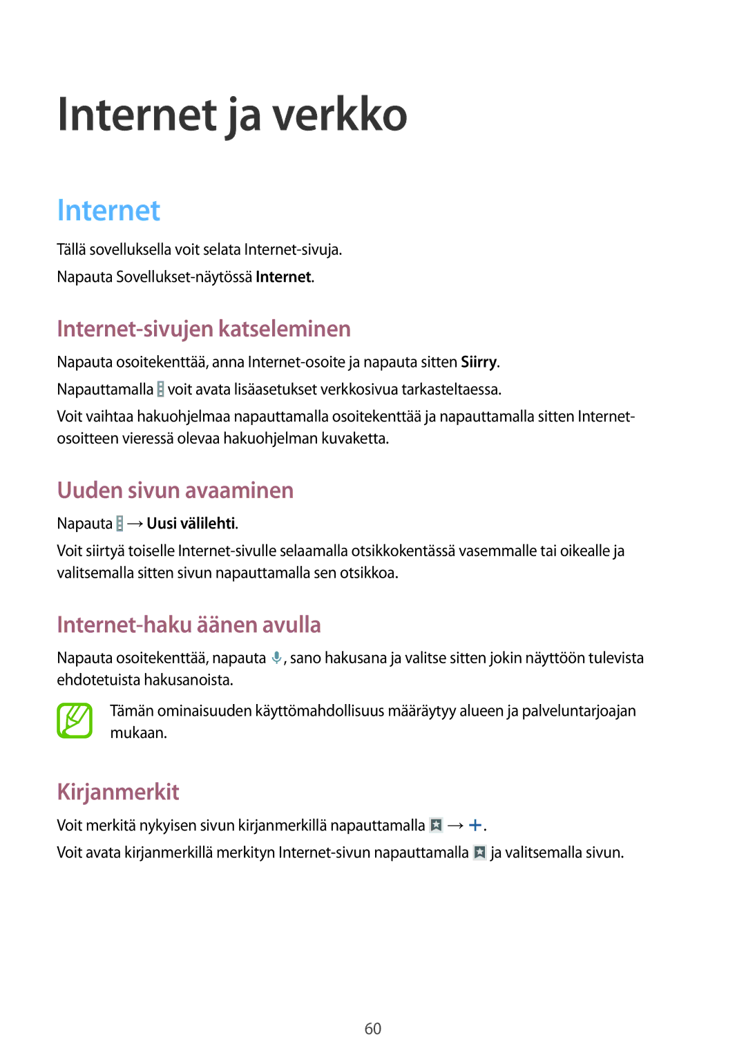 Samsung SM-T365NNGANEE manual Internet ja verkko 